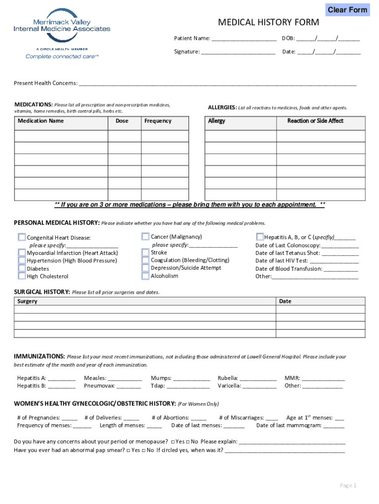 medical history forms free Preview on Page 1