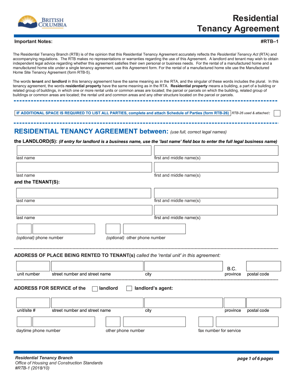 Residential Tenancy Agreement Important Notes RTB 1