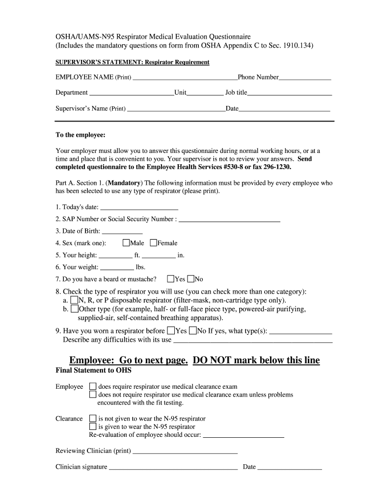 Fillable Online N95 Respirator Medical Evaluation Questionnaire doc Fax