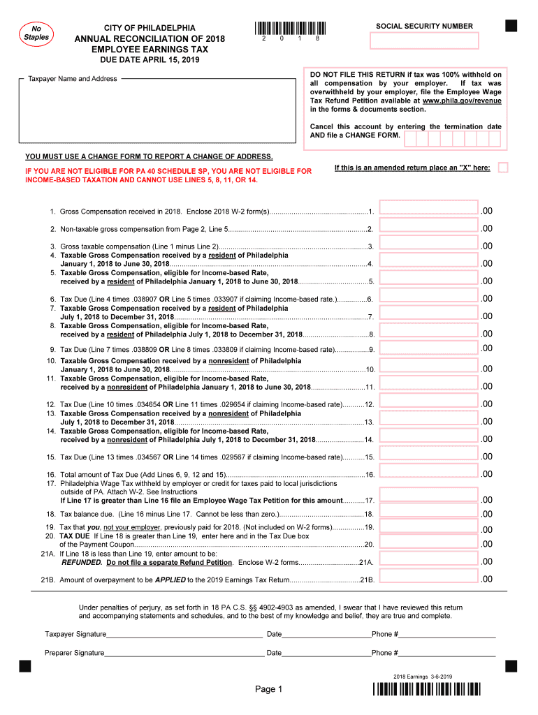 philadelphia annual reconciliation of employee earnings tax Preview on Page 1