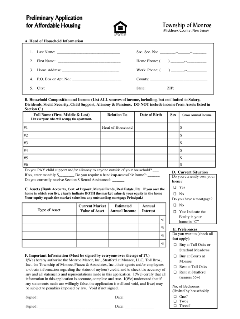 preliminary application for affordable housing Preview on Page 1