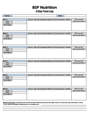 BSP Nutrition 3-Day Food Log