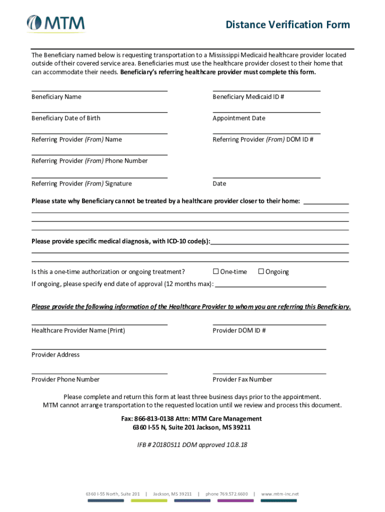 MTM Distance Verification Form 2018 - Fill and Sign ...