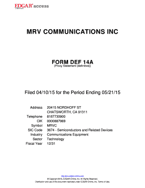 MRV COMMUNICATIONS INC. FORM DEF 14A (Proxy Statement (definitive)) Filed 04/10/15 for the Period Ending 05/21/15