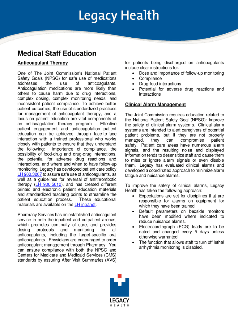 Fillable Online National Patient Safety Goal for anticoagulant therapy