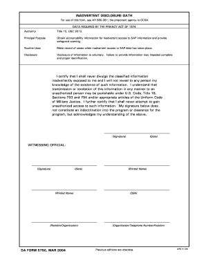 DA Form 5750 Inadvertent Disclosure Form
