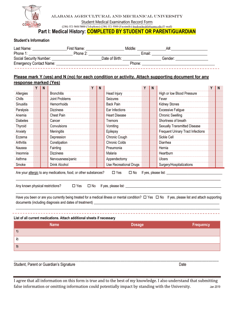 student medical examination record form fill Preview on Page 1