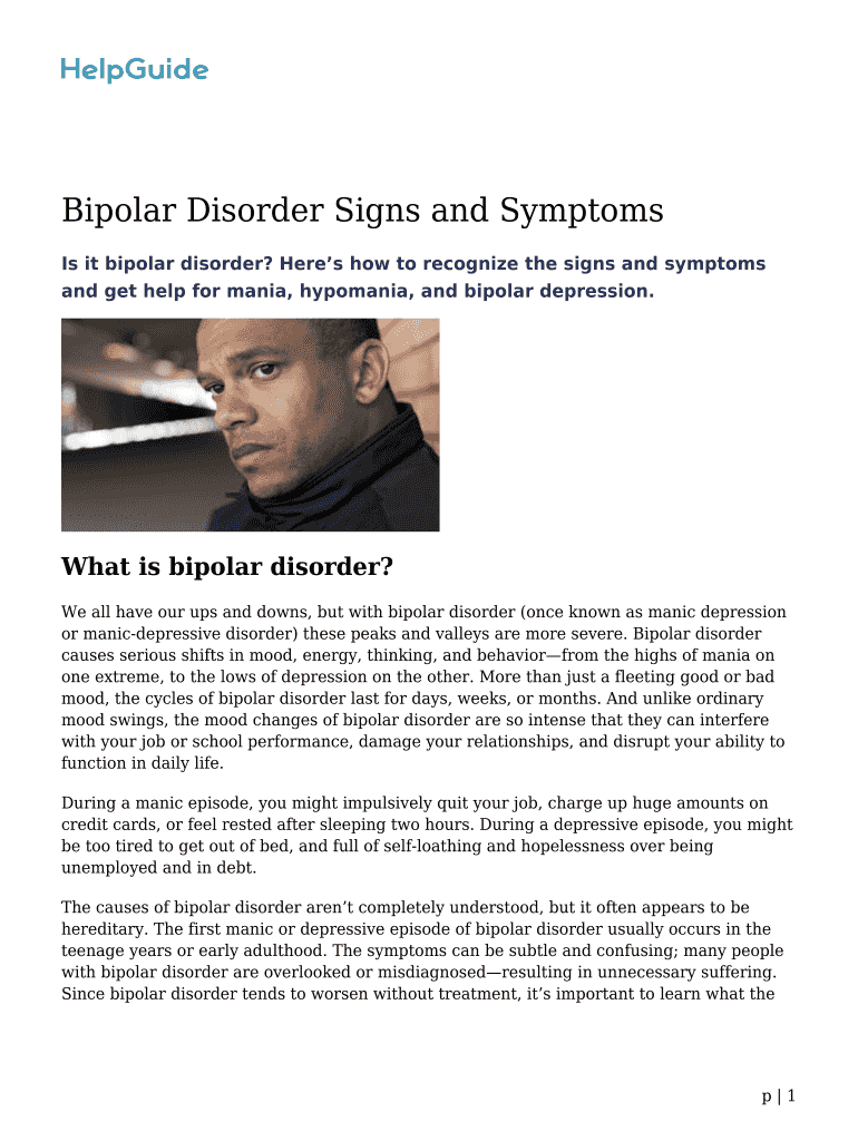 Fillable Online Warning Signs of Bipolar Disorder Depression and Mania