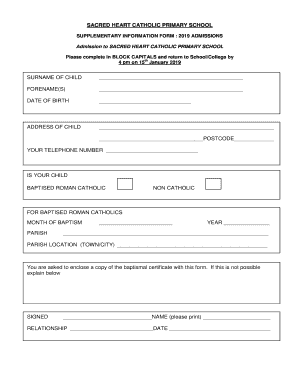 Sacred Heart Catholic Primary School Supplementary Form