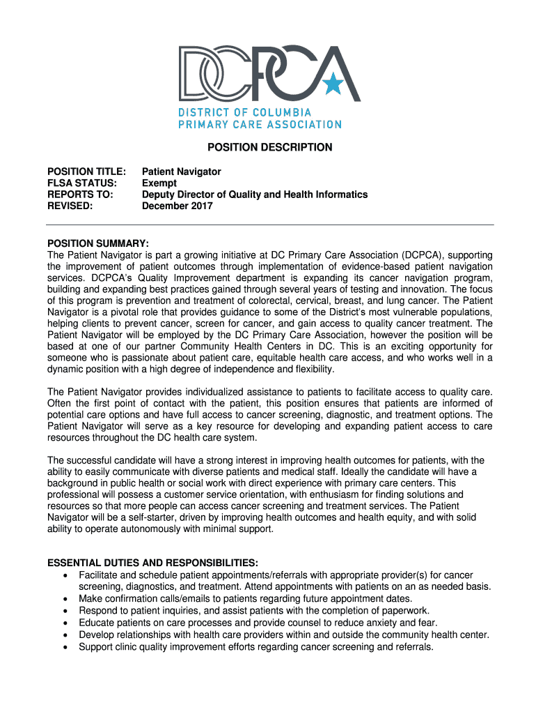 Fillable Online Patient Navigator Job Description Template Effective