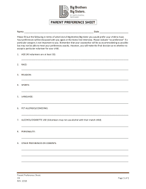 PARENT PREFERENCE SHEET - bbbs4kids.org