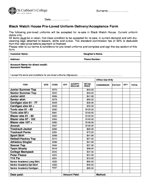 Black Watch House Pre-Loved Clothing Delivery Form
