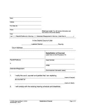 Substitution of Counsel (Utah Rule of Civil Procedure 74). Substitution of Counsel (Utah Rule of Civil Procedure 74)