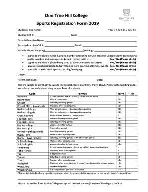 One Tree Hill College Sports Registration Form 2019