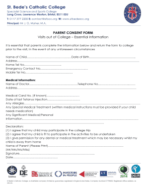 Fillable Online PARENT CONSENT FORM Visits out of College Essential ...