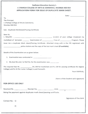application form for issue of duplicate mark sheet - LS Raheja College ...