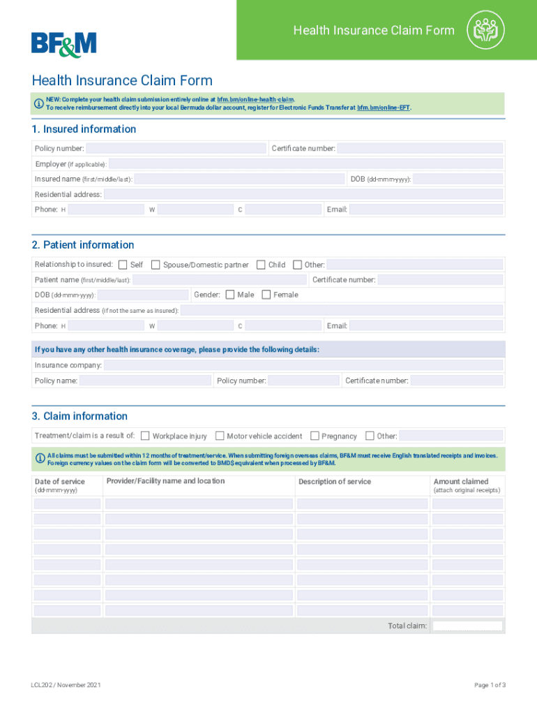 Health Insurance Claim Form - BF&M Preview on Page 1