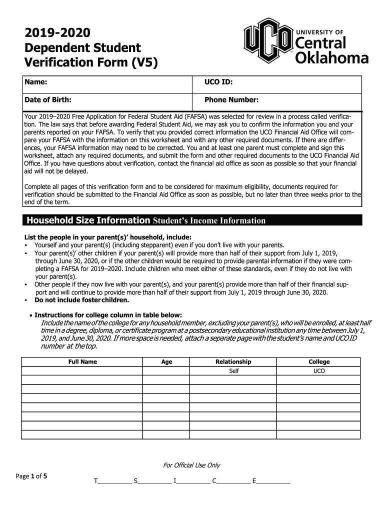 2019 UCO Dependent Student Verification Form (V5) Preview on Page 1