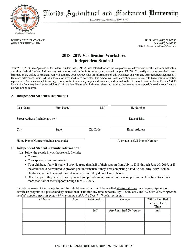 2018 FAMU Verification Worksheet (Independent) Preview on Page 1