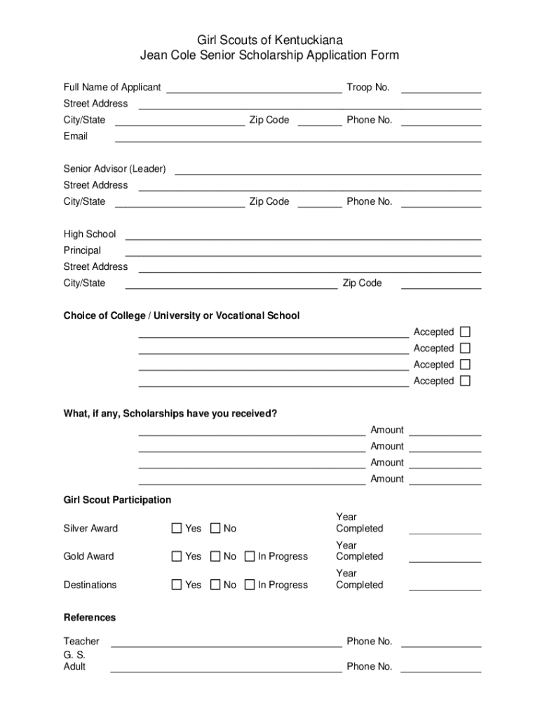 Jean Cole Scholarship Application Scholarship application for graduating high school senior Girl Sco Preview on Page 1