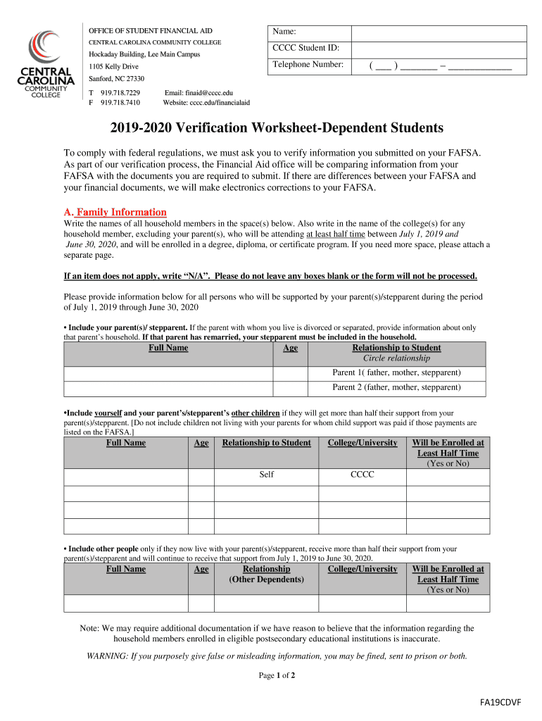 Fillable Online 20192020 Verification WorksheetDependent Students Fax