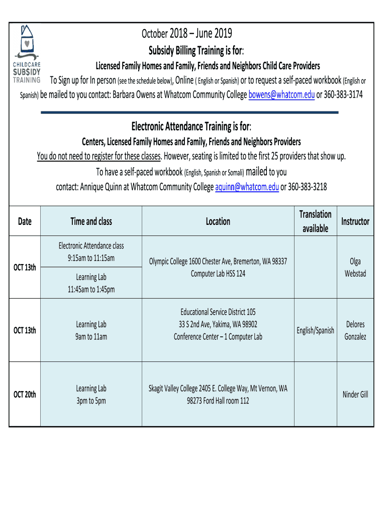 Fillable Online Subsidy Billing Training Schedule and Locations Fax