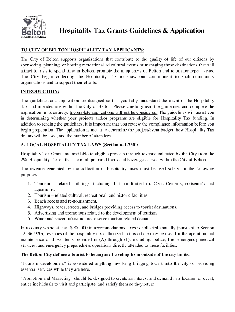 Fillable Online TO CITY OF BELTON HOSPITALITY TAX APPLICANTS Fax Email