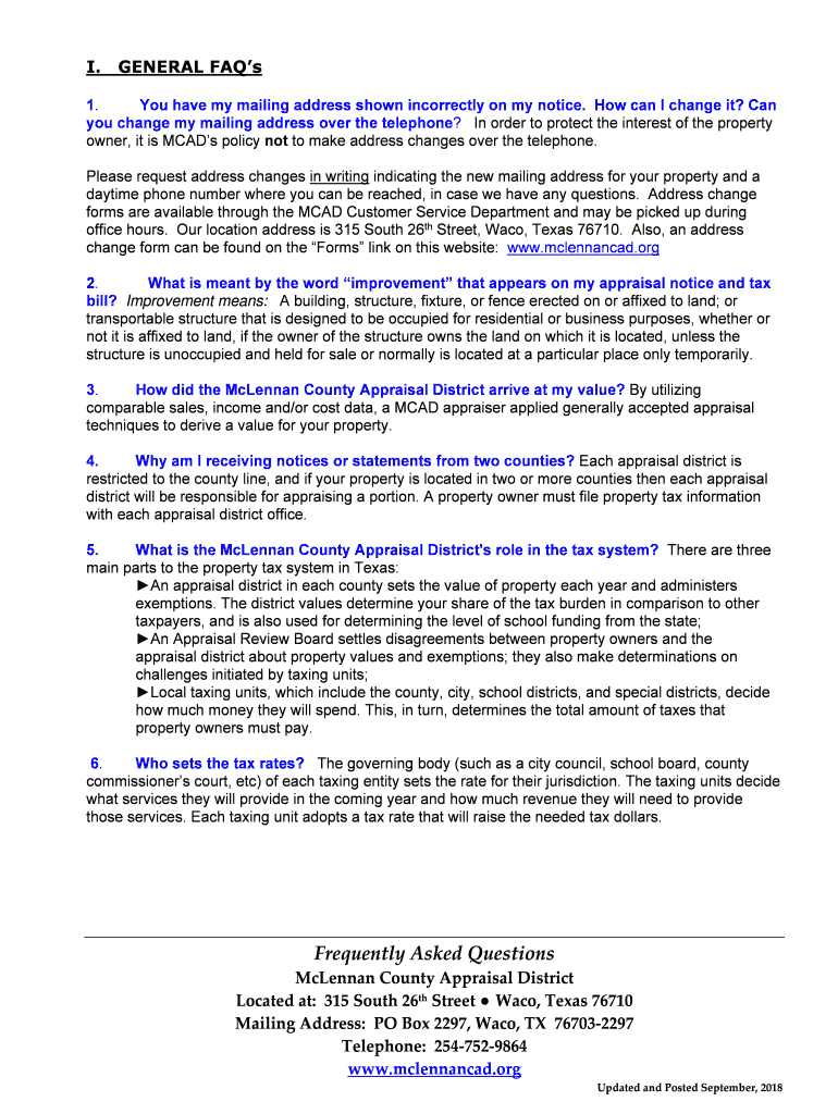 Fillable Online Frequently Asked Questions McLennan County Appraisal