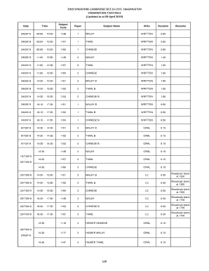 2019 Singapore-Cambridge GCE O-Level Examination Timetable