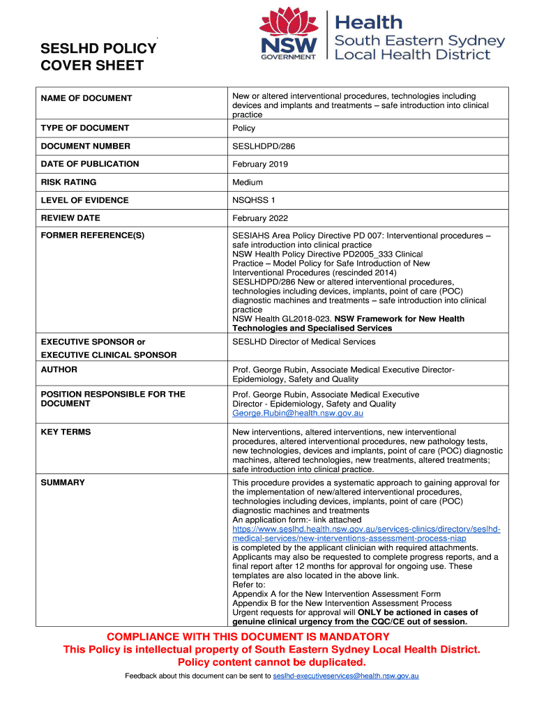 Fillable Online F SESLHD POLICY COVER SHEET - seslhd.health.nsw.gov.au ...