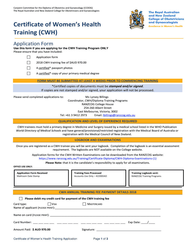 Fillable Online RANZCOG Application for Certificate of Women's Health