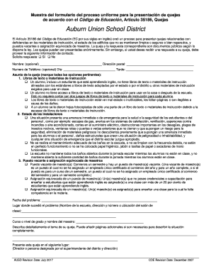 Fillable Online Sample Williams Complaints Form (Spanish) - Uniform ...