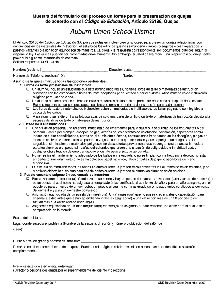 Fillable Online Sample Williams Complaints Form (Spanish) - Uniform ...