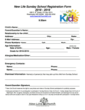 New Life Sunday School Registration Form