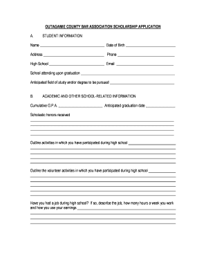 OUTAGAMIE COUNTY BAR ASSOCIATION SCHOLARSHIP APPLICATION