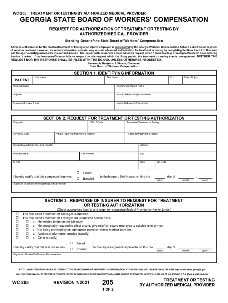 TREATMENT OR TESTING BY AUTHORIZED MEDICAL PROVIDER WC-205 Preview on Page 1