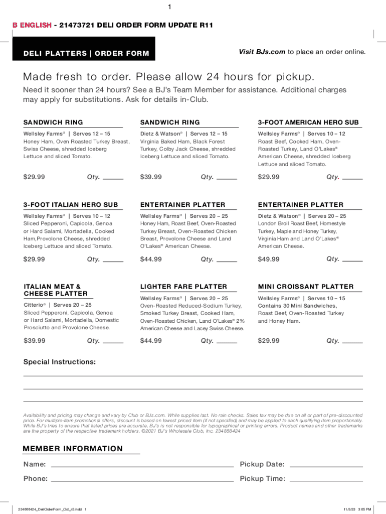 bj's deli platter order form Preview on Page 1