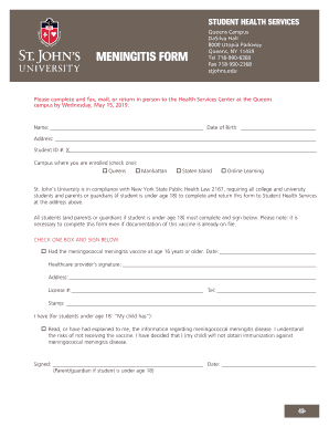 Queens Campus 8000 Utopia Parkway MENINGITIS FORM