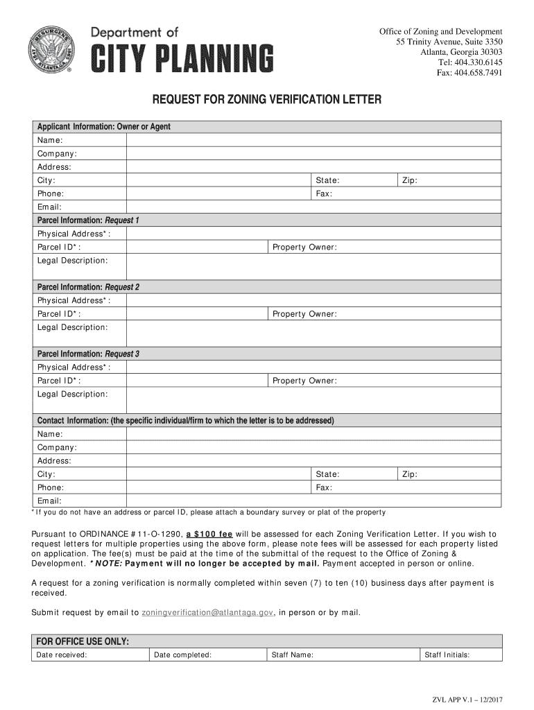 Fillable Online request for zoning verification letter City of
