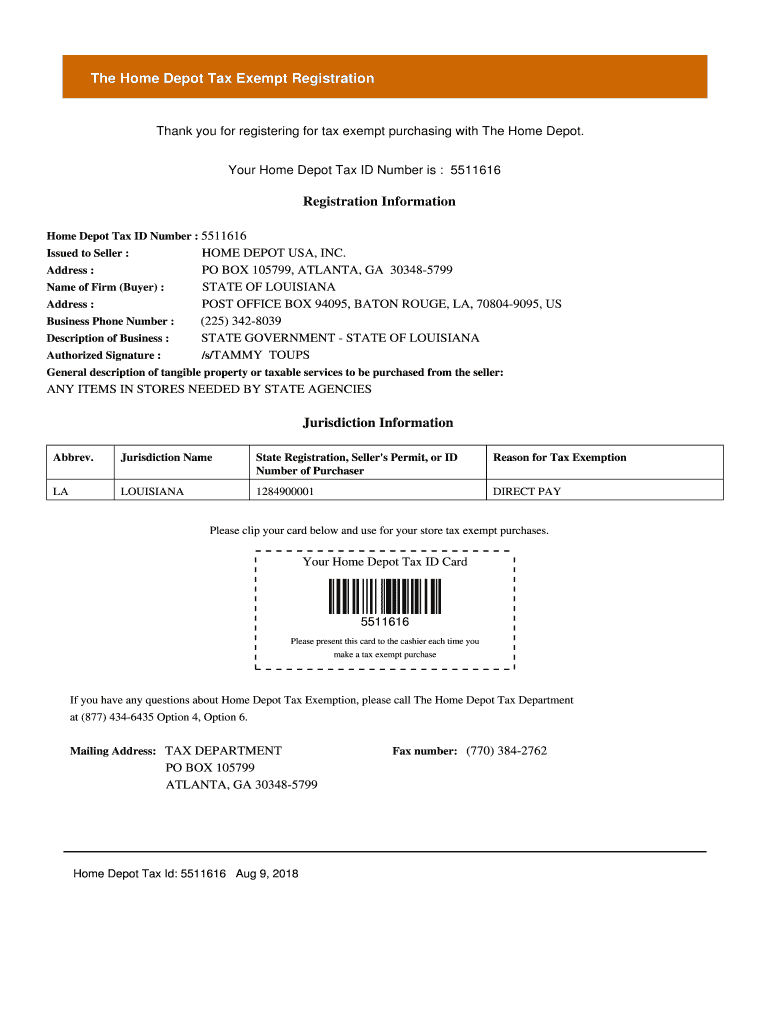 Thank you for registering for tax exempt purchasing with The Home Depot Preview on Page 1