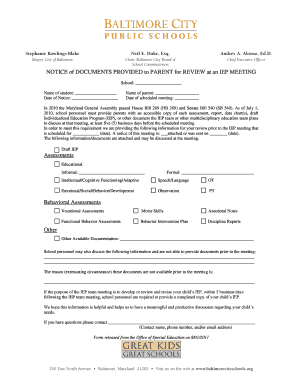 Notice of Documents for IEP Meeting