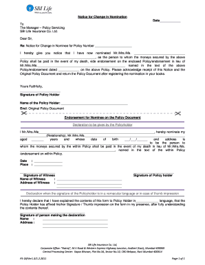 SBI Life Insurance Nominee Change Notice