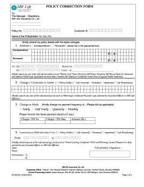 SBI Life Insurance Policy Correction Form