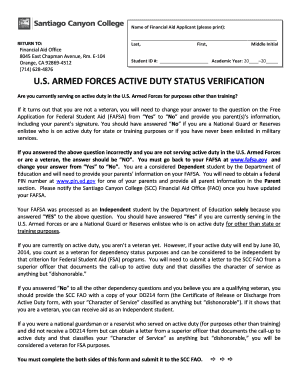 US Armed Forces Active Duty Status Verification Form