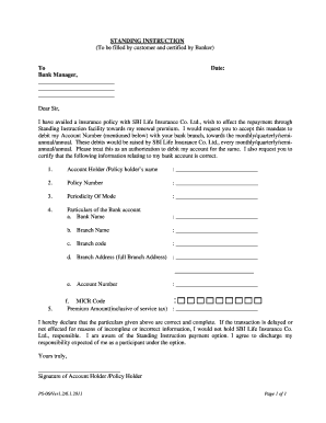 Standing Instruction for Insurance Premium