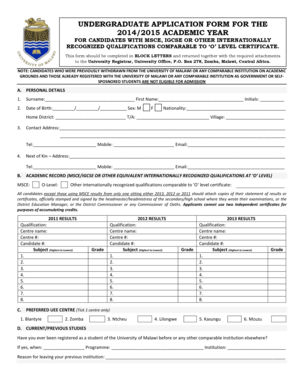 University of Malawi Undergraduate Application Form