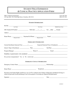 Student Field Experience Clinical Practice Application Form
