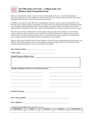 Ohio State University Business Meal Transaction Form