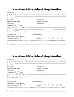 Vacation Bible School Registration Form