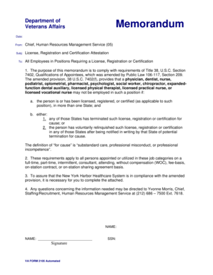 VA Form 2105 License Attestation